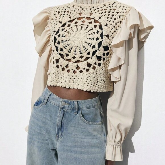 Khaki Casual Women's Apricot Hollow Hook Flower Splicing Ruffles Top - Picture 2 of 7